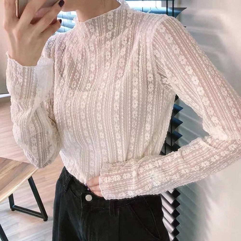 Floral lace blouse shirt top sexy sheer transparent underlining long sleeve